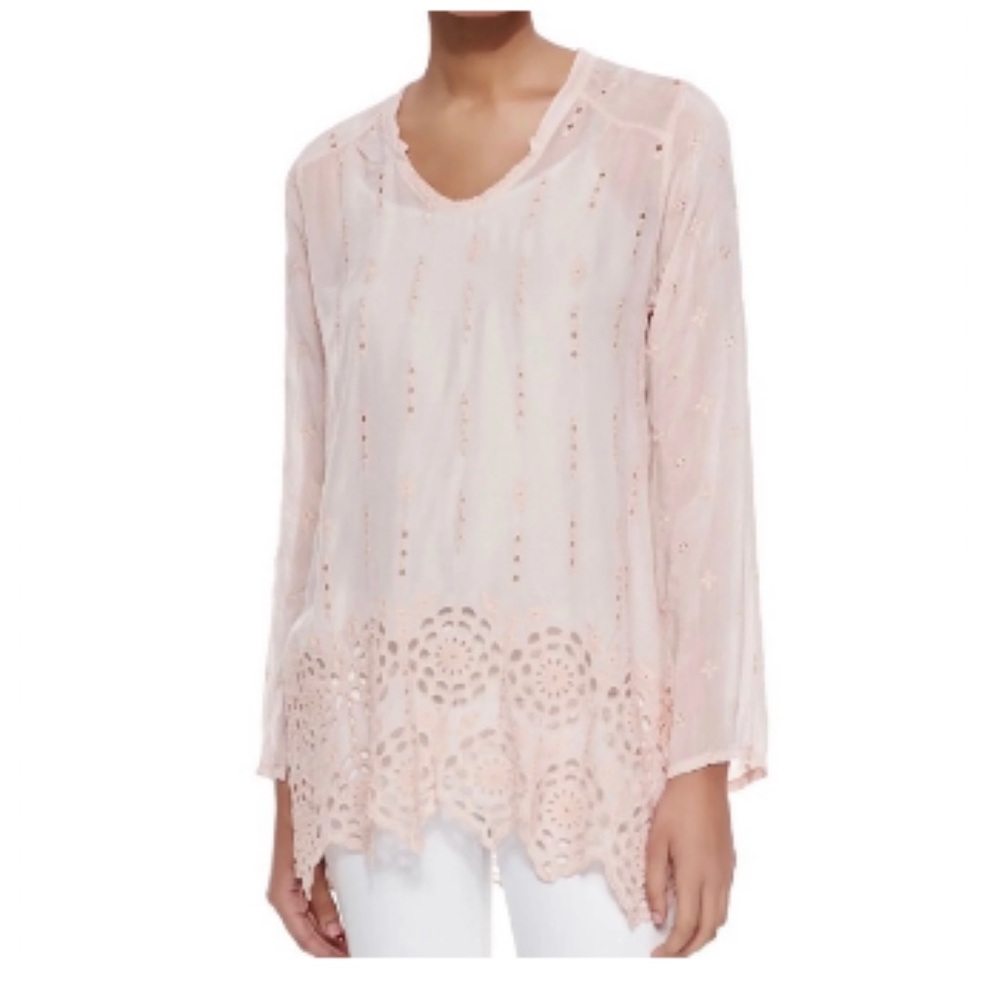 Johnny Was Eyelet Embroidered Lace Floral Pink Shirred Yoke Tunic Top